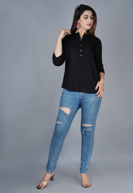 Casual Regular Sleeves Solid Women Black Top
